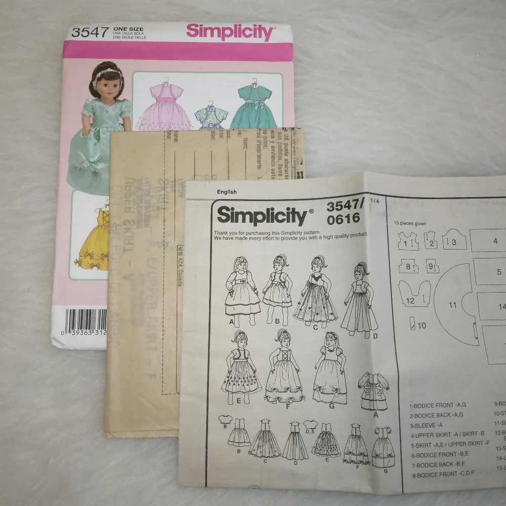 Simplicity 3547 Gowns & Dresses for American Girl Doll and 18